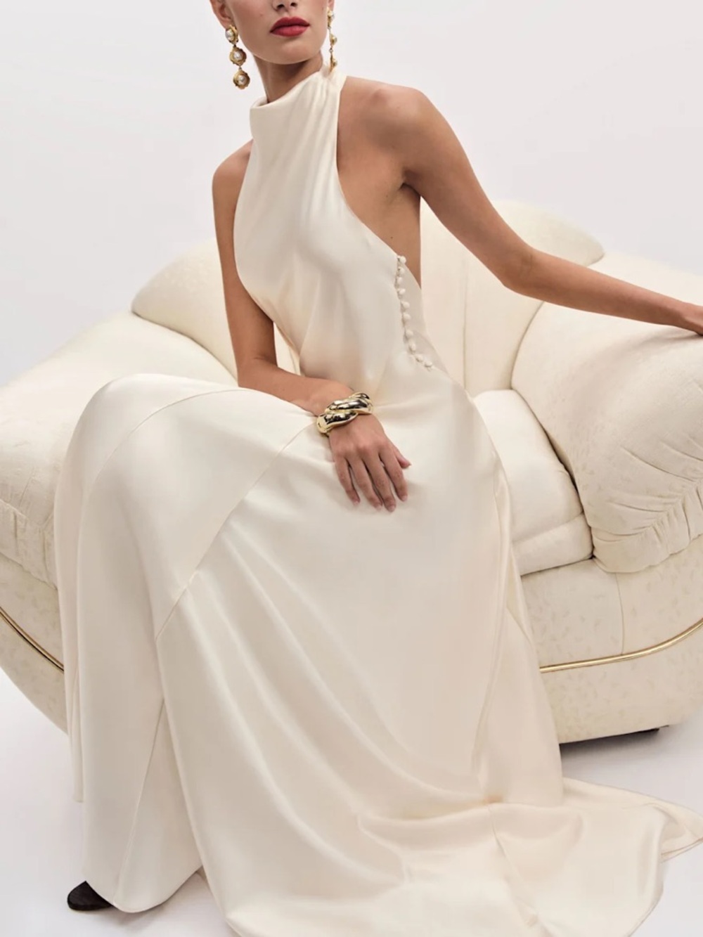 Reformation Roy Satin Dress – Elegant Ivory Halter Gown - Picture 2 of 11